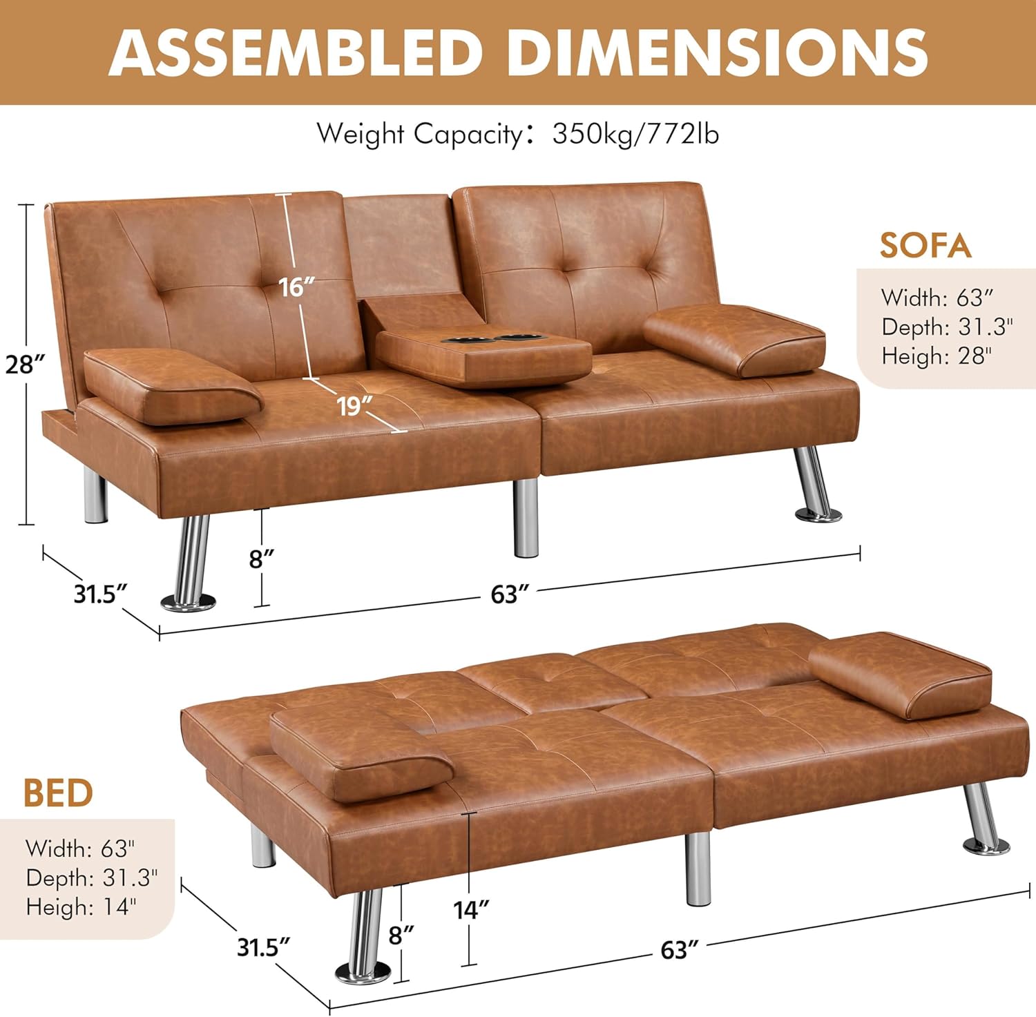 Convertible Sofa Bed Modern Imitation Leather Home Recliner Flip Double Sofa Folding Sofa Bed Guest Bed wourant