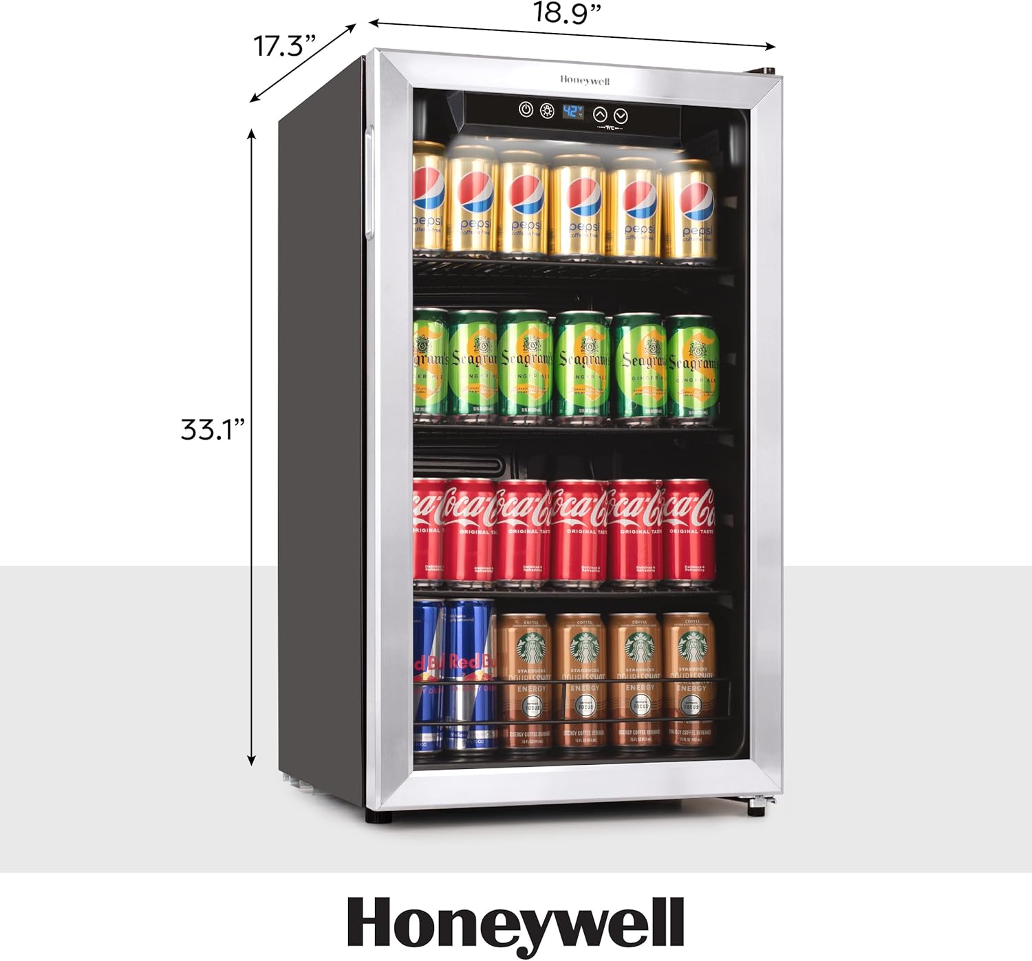 Honeywell Beverage Refrigerator and Cooler, 115 Can Mini Fridge with Glass Door for Soda Beer or Wine for Office or Bar with Adjustable Removable Shelving wourant