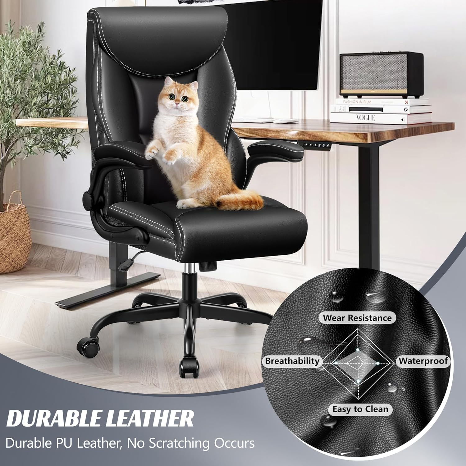 Office Chair Large High-Foot Computer Desk Chair, Breathable Leather Chair Lumbar Support Rotating Computer Chair wourant