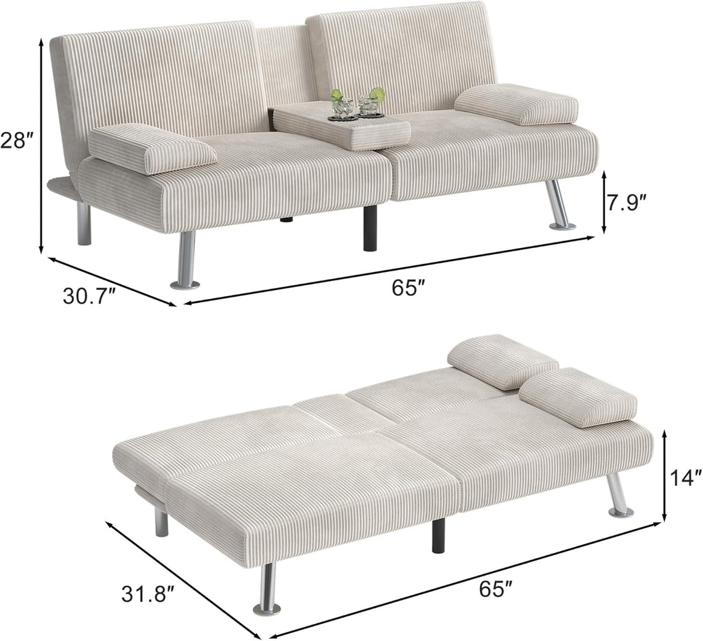 Shahoo Modern Linen Upholstered Convertible Folding Futon Sofa Bed with Removable Armrests wourant