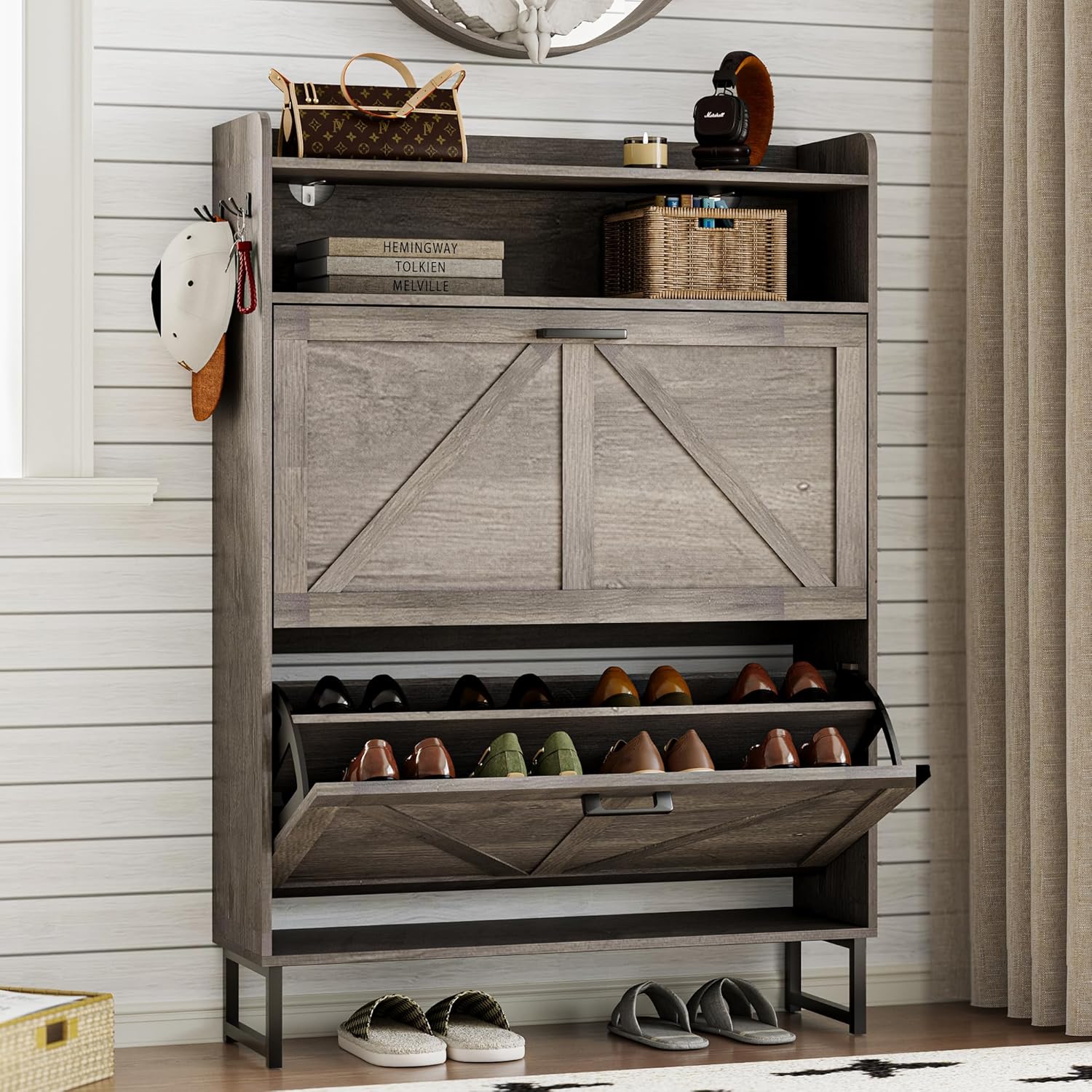 Shoe cabinet with 2 flip-top drawers Narrow shoe storage cabinet wourant