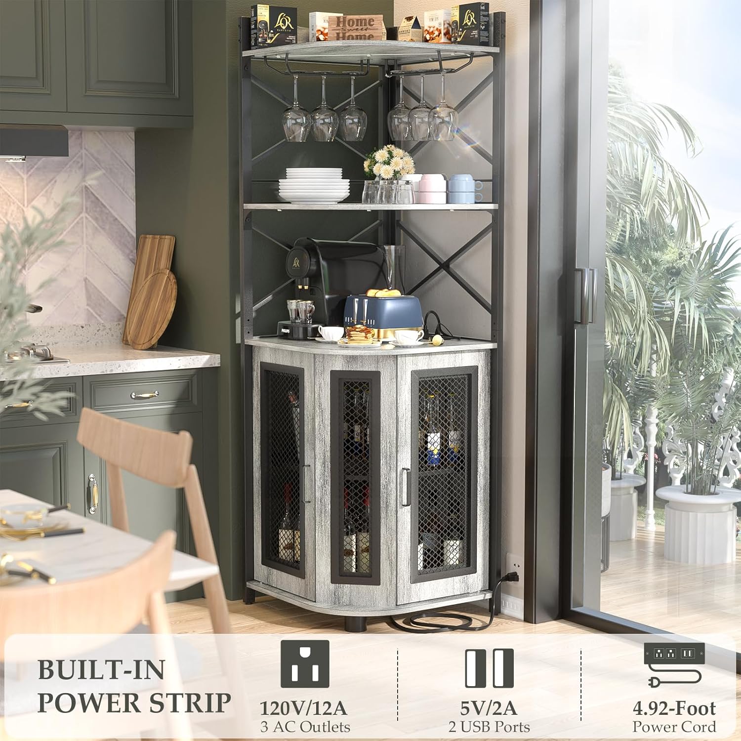 Corner bar cabinet with power socket, industrial style wine cabinet with LED light strip and glass rack, home five-layer wine cabinet bar unit, small space corner display cabinet wourant