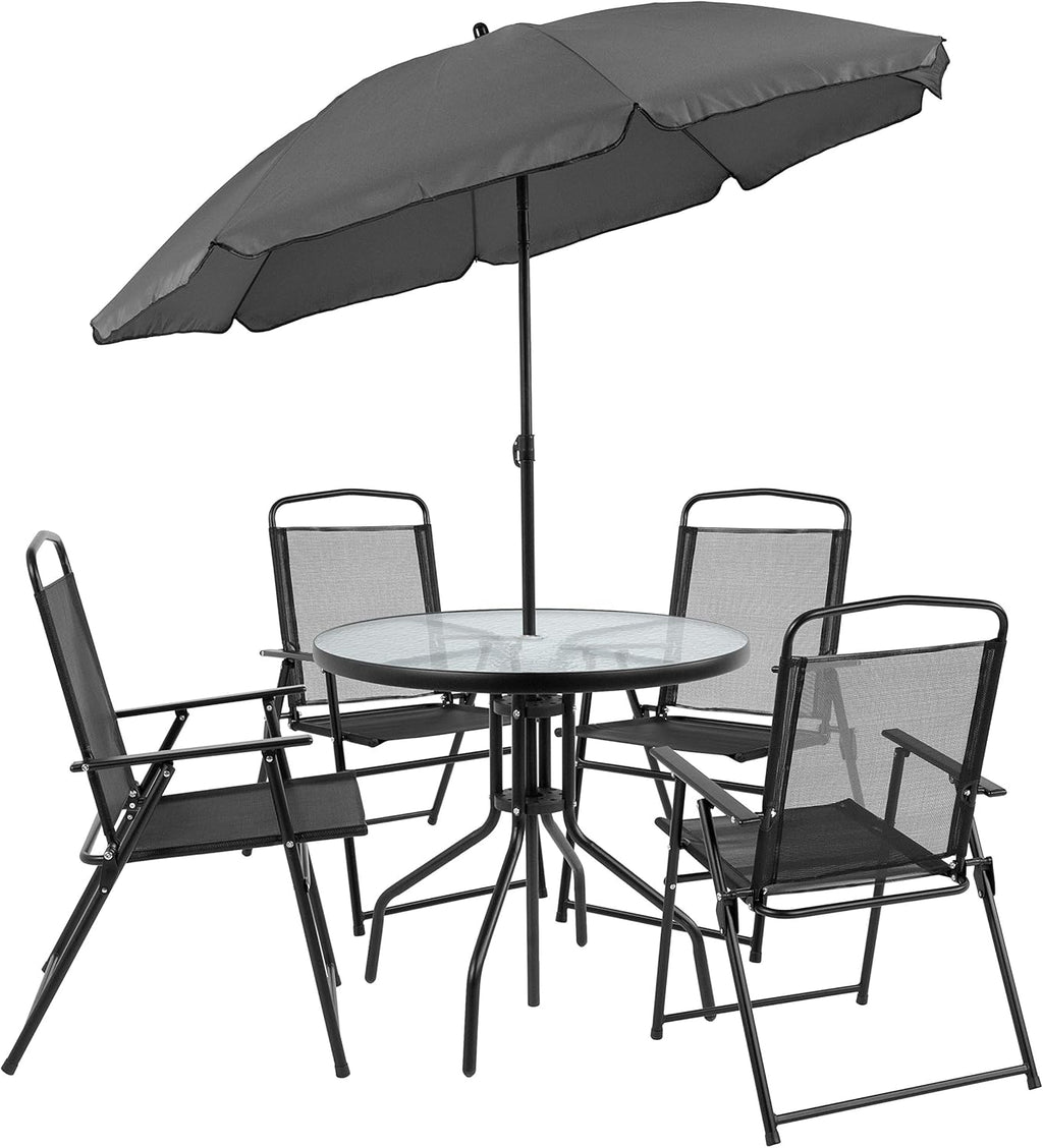EMMA + OLIVER 6 Piece Brown Patio Garden Set with Umbrella Table and Set of 4 Folding Chairs wourant