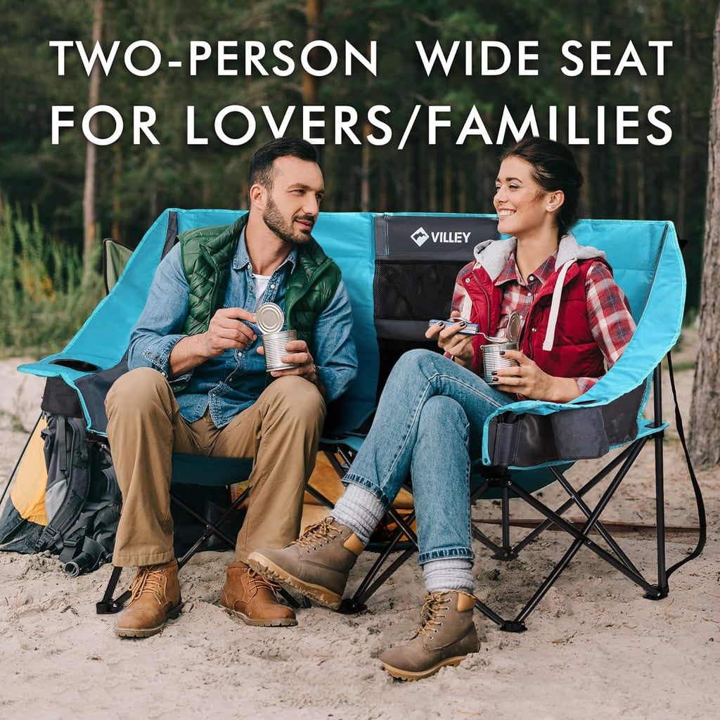 Double camping chair (with cooler bag), extra wide love seat, heavy duty padded camping sofa, portable folding chair wourant