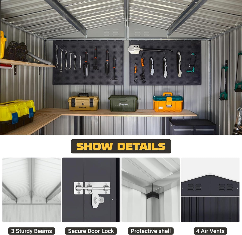 Polar Aurora 8 x 12 FT Outdoor Storage Shed, Metal Garden Shed with Updated Frame Structure, Tool Sheds for Backyard Garden Patio Lawn Black wourant