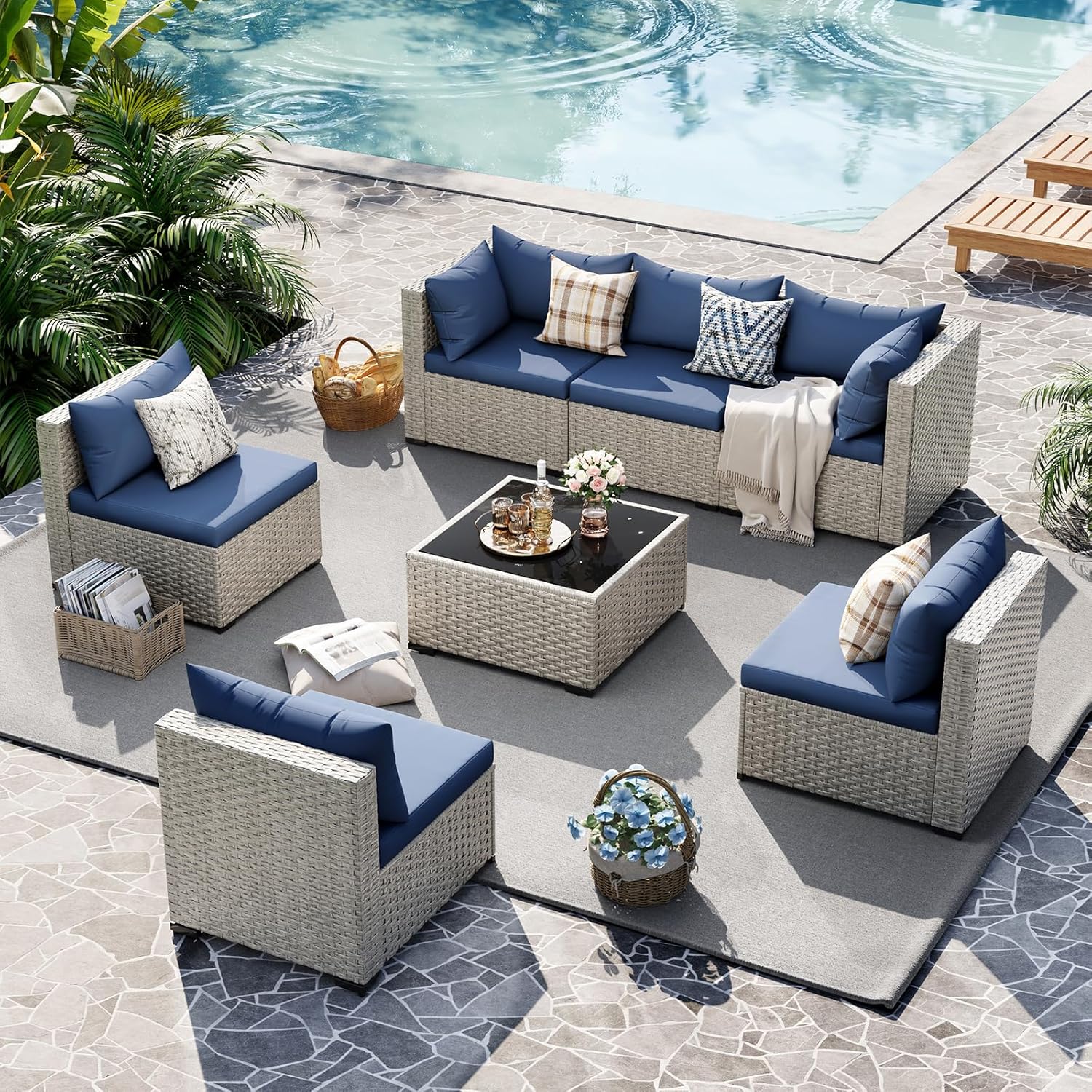 UDPATIO Outdoor Patio Furniture Set, 7-Piece PE Wicker Sectional Sofa with Tea Table, Outdoor Conversation Set wourant
