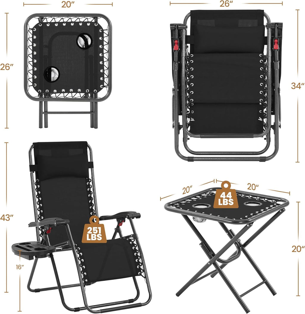 3PCS Zero Gravity Recliner Portable Outdoor Reclining Chair Set w/Side Table Folding Chaise Lounge Chairs wourant