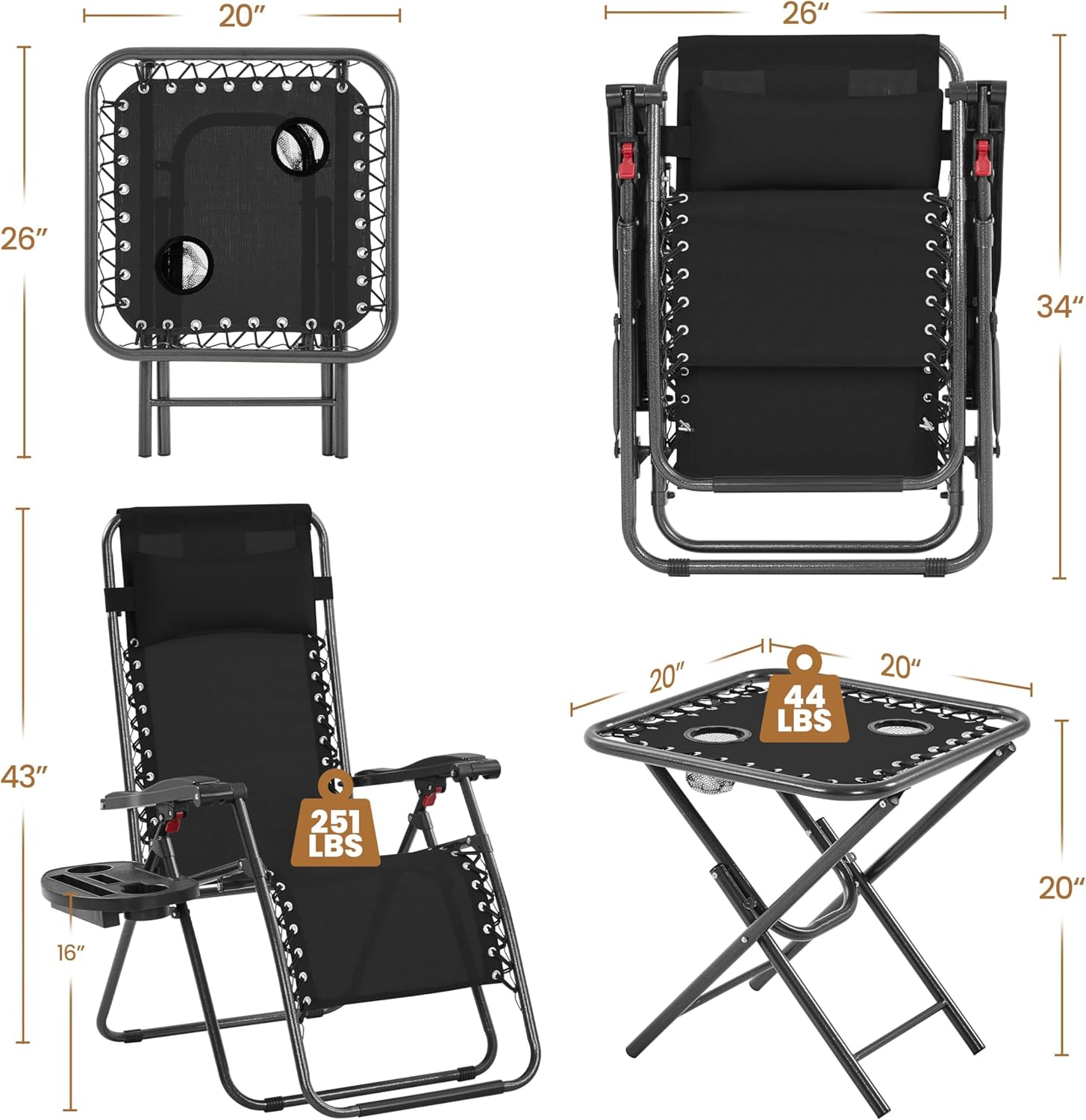 3PCS Zero Gravity Recliner Portable Outdoor Reclining Chair Set w/Side Table Folding Chaise Lounge Chairs wourant