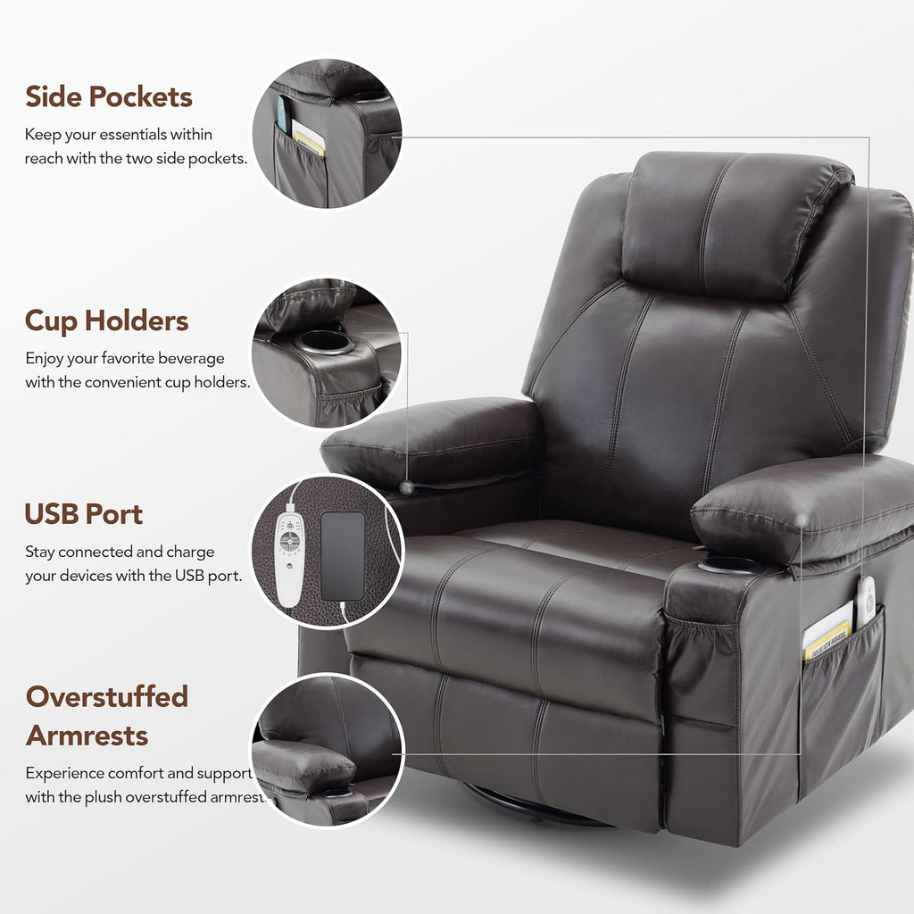 Large Swivel Rocking Recliner with Heating and Massage Function, 360 Degree Swivel Rocking Single Sofa wourant