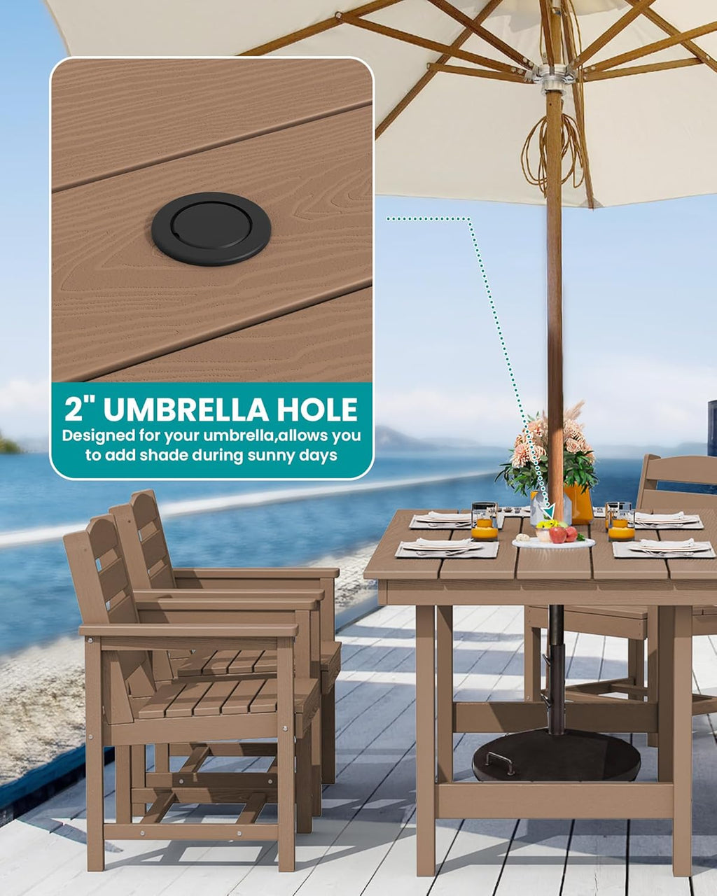 Outdoor HDPE Dining Table Set, 7-Piece Outdoor Dining Table Sets with Umbrella Hole Cut-Out Table and 6 Chairs wourant