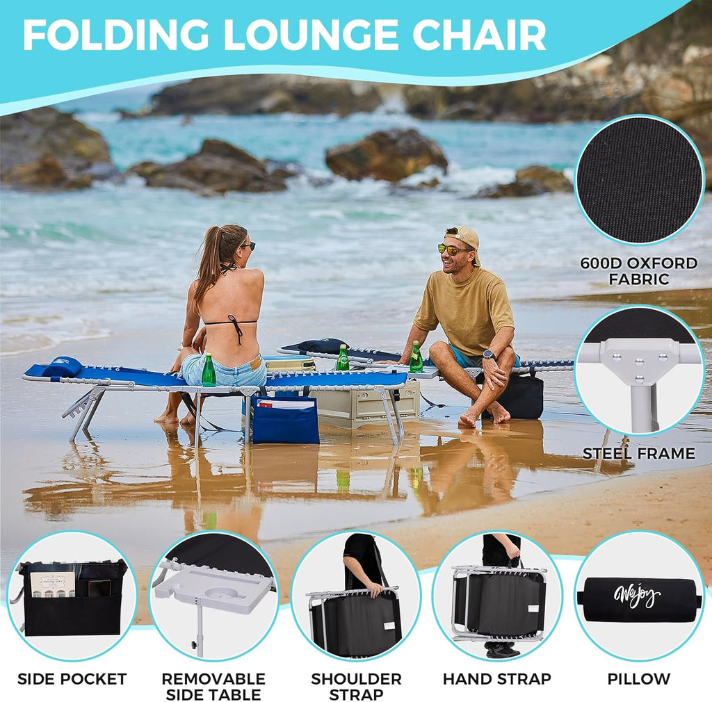 2 Pack Outdoor Chaise Lounge Chair - Portable Folding Patio Pool Lounge Chair, 5 Positions Adjustable Reclining Camping Chair with Side Table,Shoulder Strap, Pillow for Beach Sunbathing Lawn wourant
