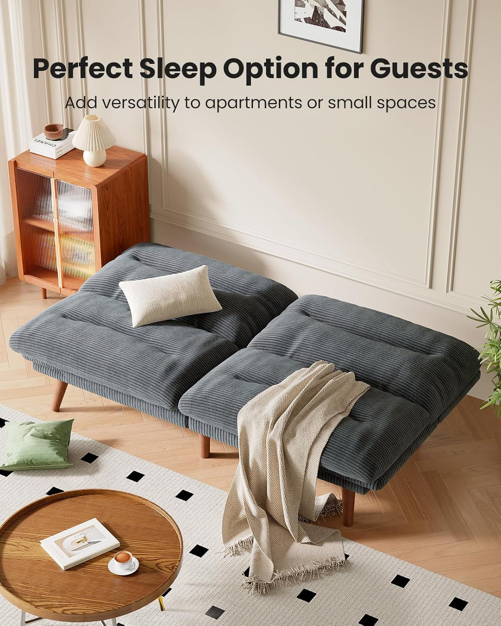 Convertible Futon Sofa Bed, 66 Inch Corduroy Futon Sofa Recliner Sofa Bed for Small Spaces, Playrooms or Offices wourant
