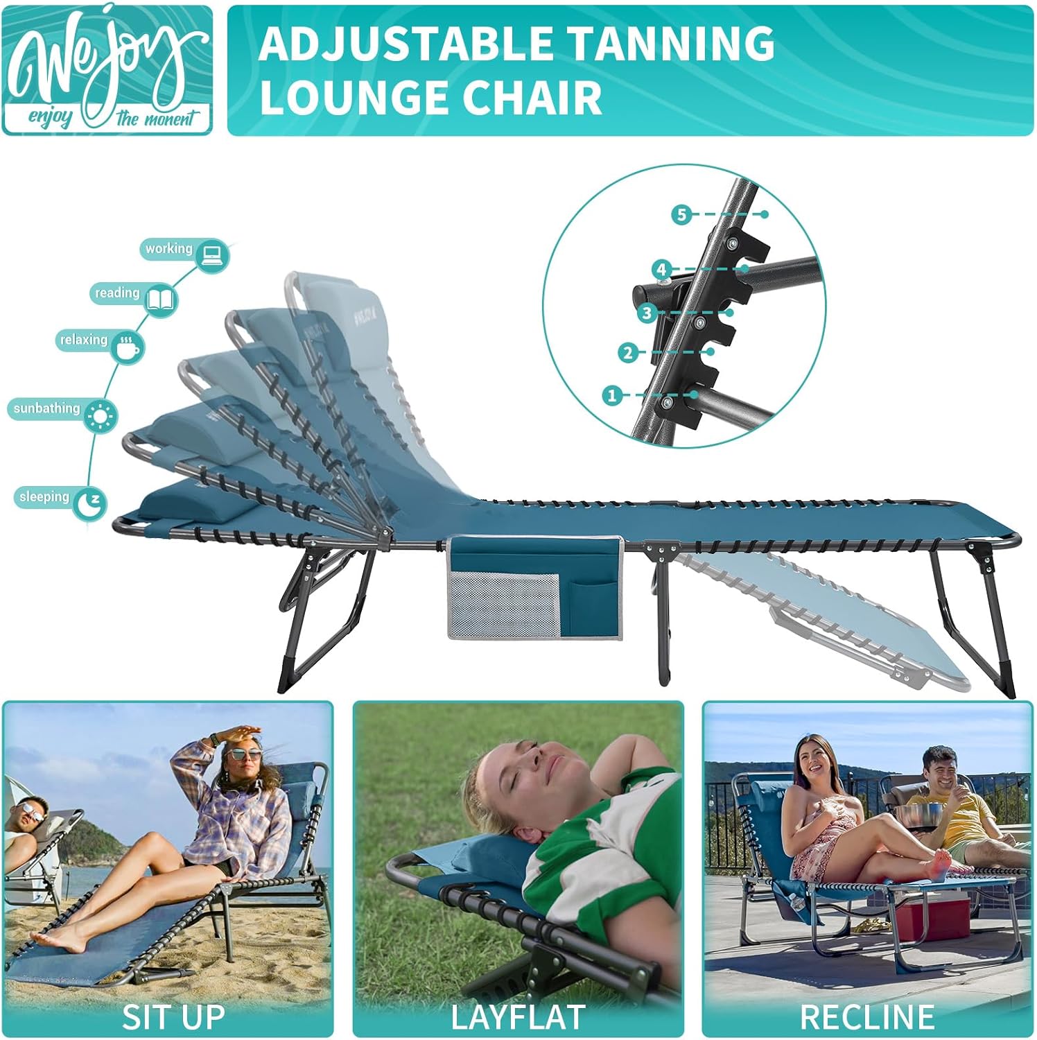 2 Pack Outdoor Chaise Lounge Chair - Portable Folding Patio Pool Lounge Chair, 5 Positions Adjustable Reclining Camping Chair with Side Table,Shoulder Strap, Pillow for Beach Sunbathing Lawn wourant