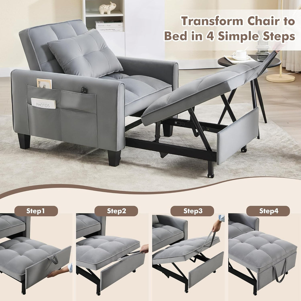 Convertible Sleeper Chair, 3 in 1 Sleeper Chair Bed Pull Out Sofa Bed Chairs, Velvet Single Sofa with Adjustable Backrest wourant
