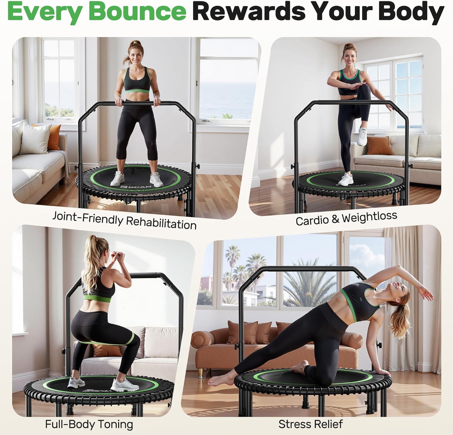 BCAN 450/550 LBS Foldable Mini Trampoline, 40"/48" Fitness Trampoline with Bungees, U Shape Adjustable Foam Handle, Stable & Quiet Exercise Rebounder for Adults Indoor/Outdoor Workout wourant