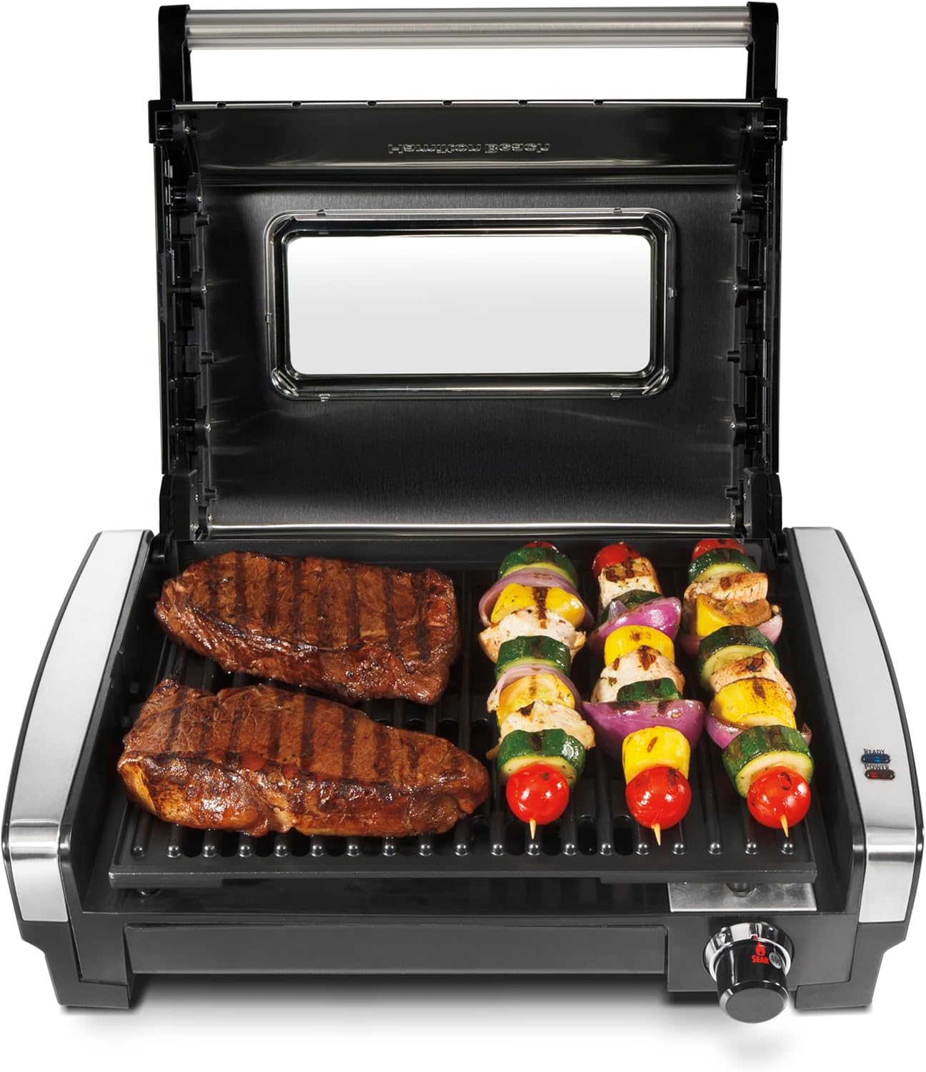 Electric Indoor Searing Grill with Viewing Window & Adjustable Temperature Control to 450F, 118 sq. in. Surface Serves 6, PFAS-Free Removable Nonstick Grate, Stainless Steel wourant