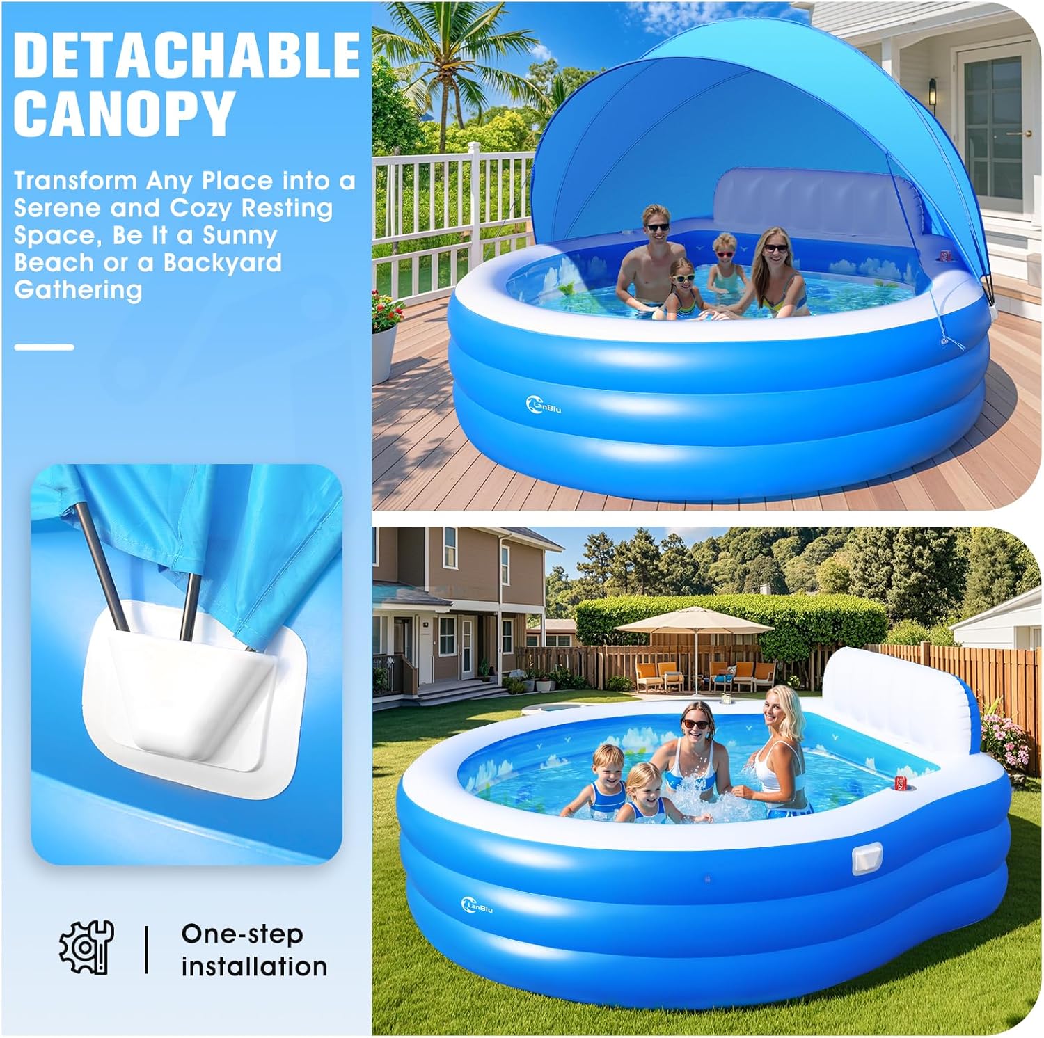 2025 Upgraded Inflatable Pool with Canopy, Inflatable Family Lounge Pool, Round Blow Up Pool for Adult with Bench & Backrest, Swim Center Easy Backyard Pools for Kids & Adults, 92"x92"x26", Blue wourant