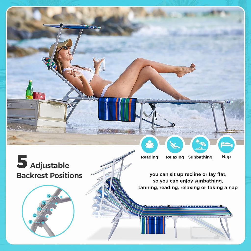 2 Pack Outdoor Chaise Lounge Chair - Portable Folding Patio Pool Lounge Chair, 5 Positions Adjustable Reclining Camping Chair with Side Table,Shoulder Strap, Pillow for Beach Sunbathing Lawn wourant