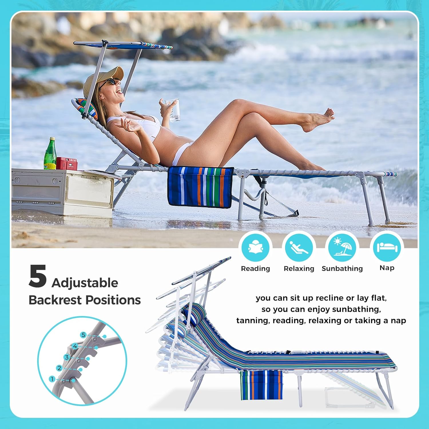 2 Pack Outdoor Chaise Lounge Chair - Portable Folding Patio Pool Lounge Chair, 5 Positions Adjustable Reclining Camping Chair with Side Table,Shoulder Strap, Pillow for Beach Sunbathing Lawn wourant