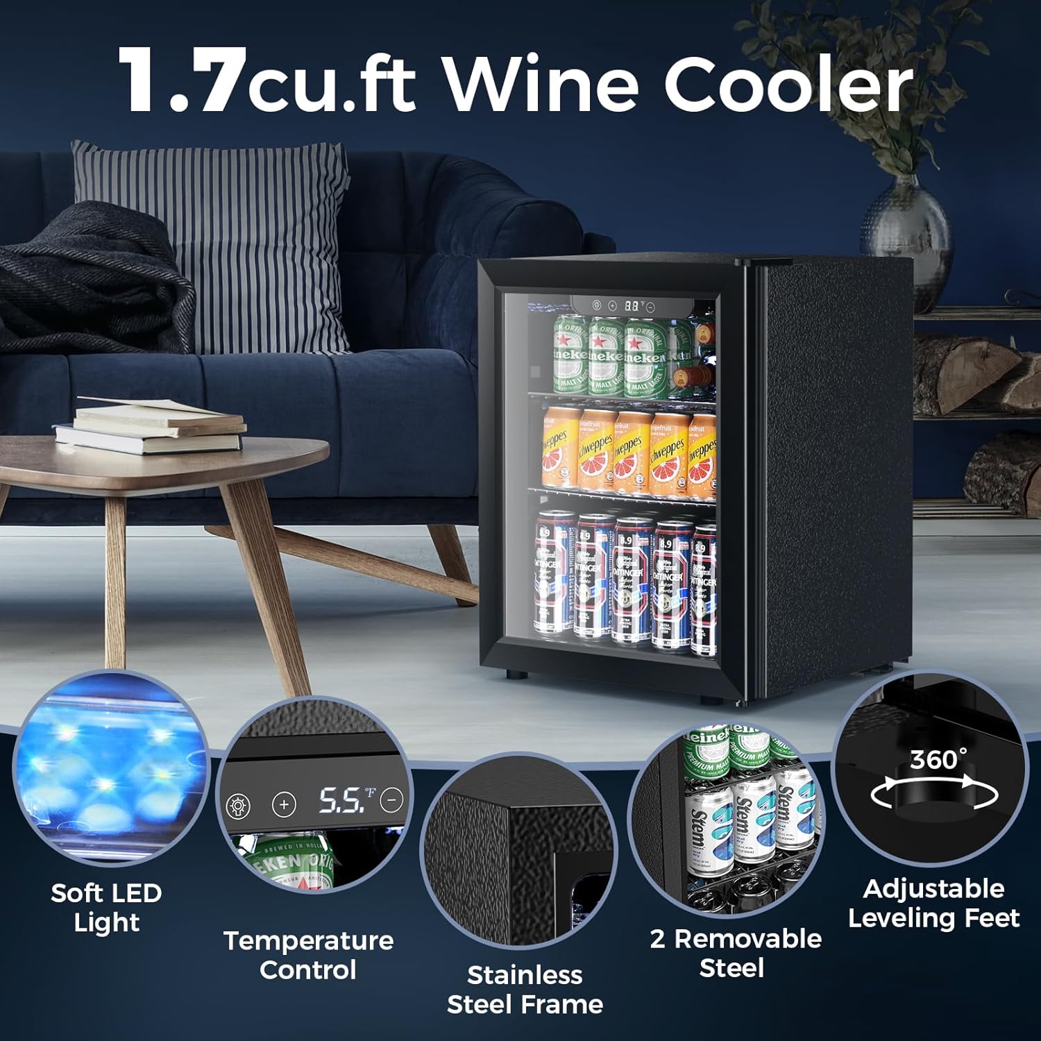 Mini Fridge 130 Can Beverage Refrigerator Cooler, 3.2 Cu.Ft Drink Fridge for Soda Wine Beer, Adjustable Temperature Control for Home Office, Black wourant