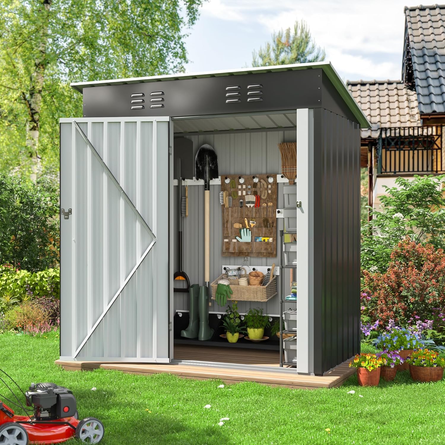 Polar Aurora 8 x 12 FT Outdoor Storage Shed, Metal Garden Shed with Updated Frame Structure, Tool Sheds for Backyard Garden Patio Lawn Black wourant
