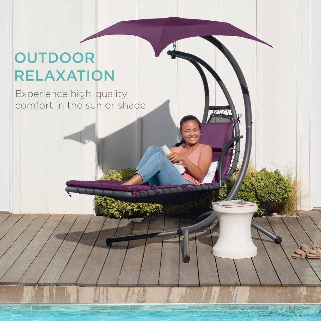 Best Choice Products Outdoor Hanging Curved Steel Chaise Lounge Chair Swing w/Built-in Pillow and Removable Canopy - Charcoal Gray wourant