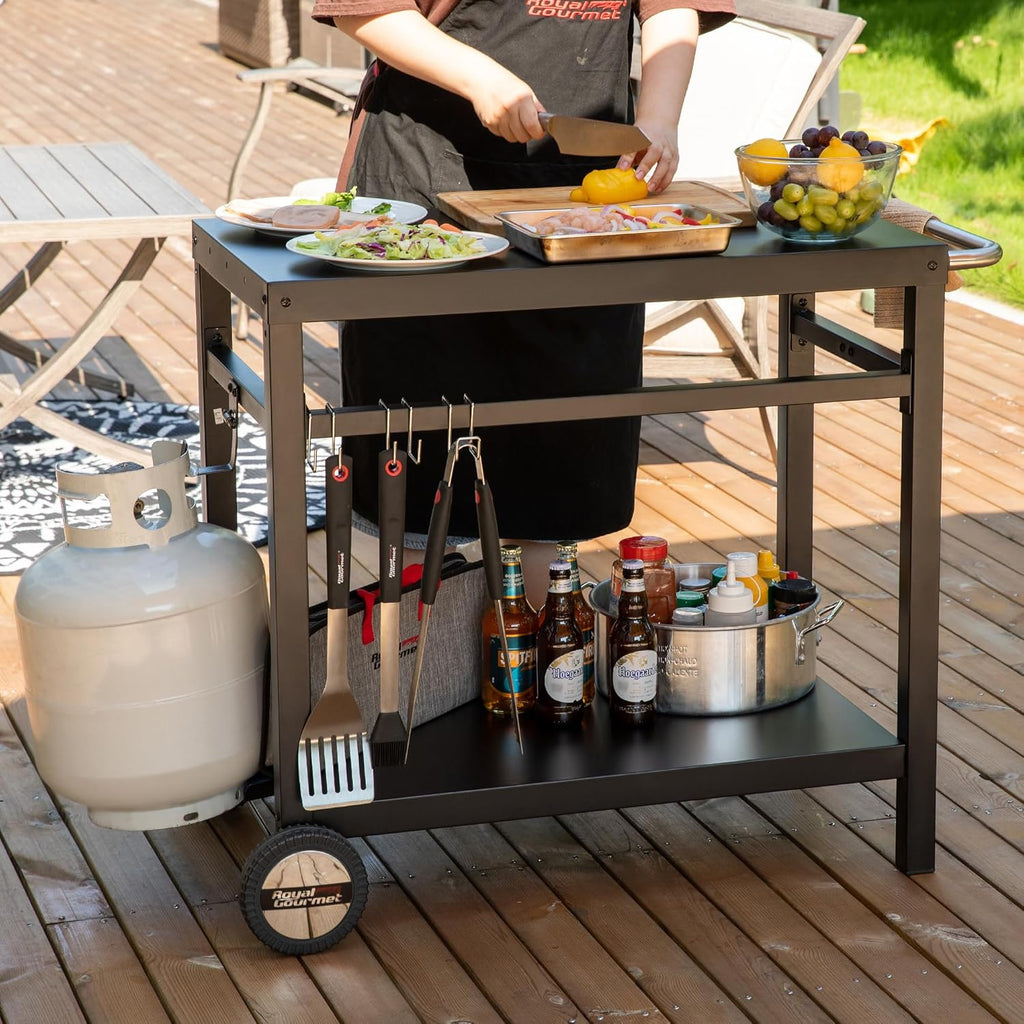 Royal Gourmet Dining Cart Table with Double-Shelf, Movable Stainless Steel Flattop Grill Cart, Hooks, Side Handle, Multifunctional PC3401B (Black) wourant
