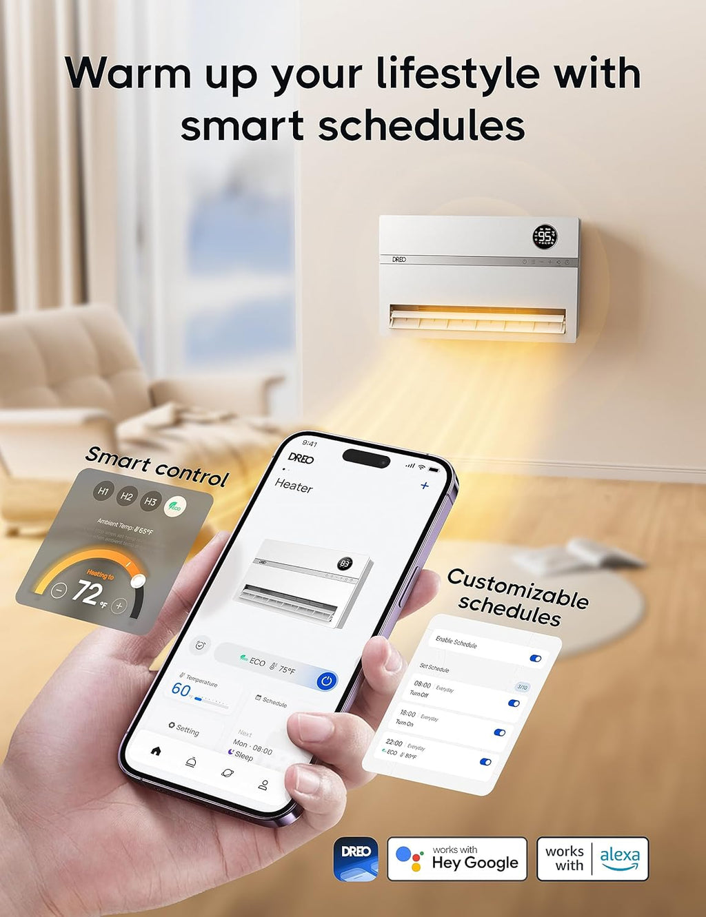 Dreo Smart Wall Heater, Electric Space Heater for Bedroom 1500W, 120° Vertical Oscillation, Adjustable Thermostat, Remote Control, 24H Timer, Easy-Mount Heater for Indoor Use, Works with Alexa, WH719S wourant