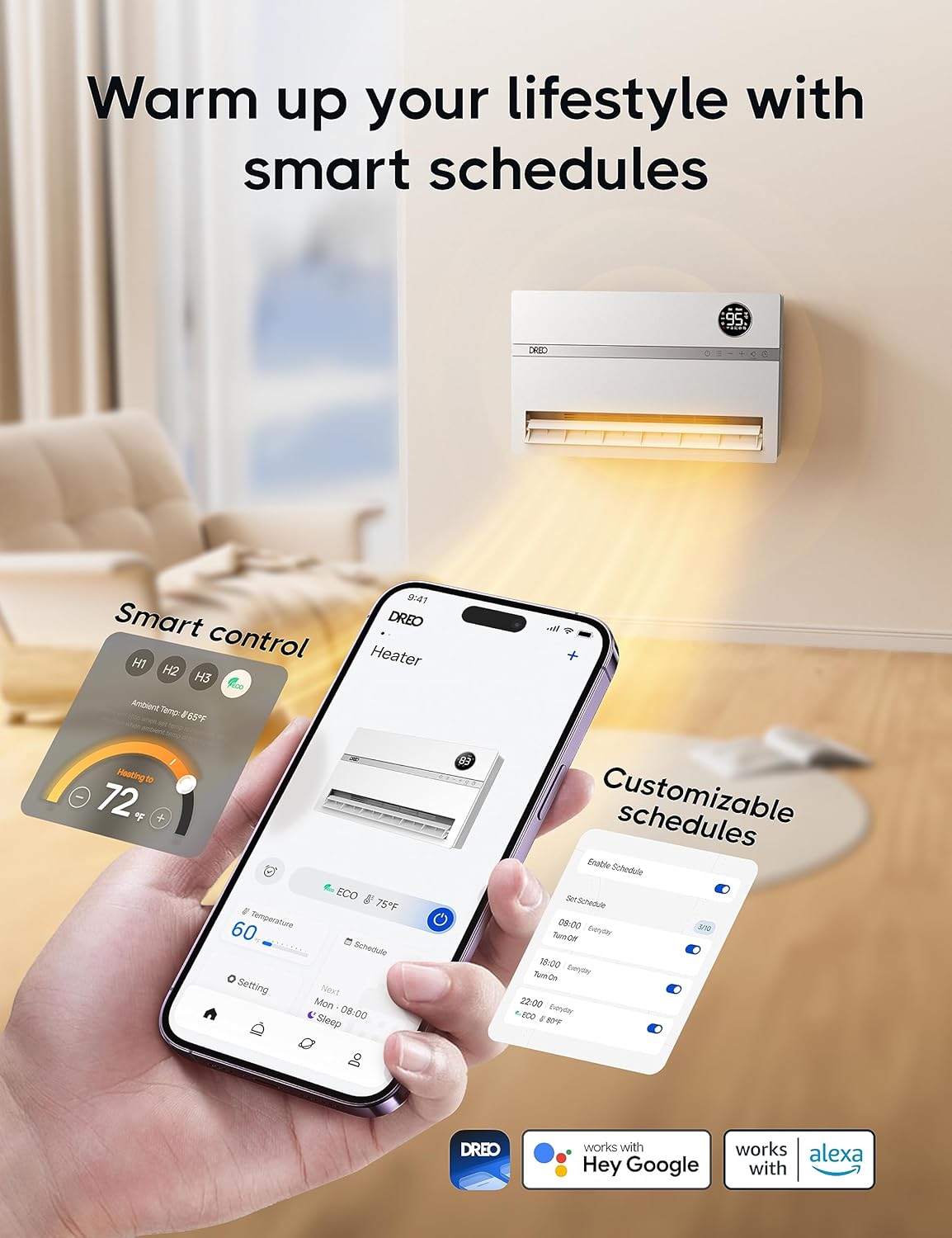 Dreo Smart Wall Heater, Electric Space Heater for Bedroom 1500W, 120° Vertical Oscillation, Adjustable Thermostat, Remote Control, 24H Timer, Easy-Mount Heater for Indoor Use, Works with Alexa, WH719S wourant