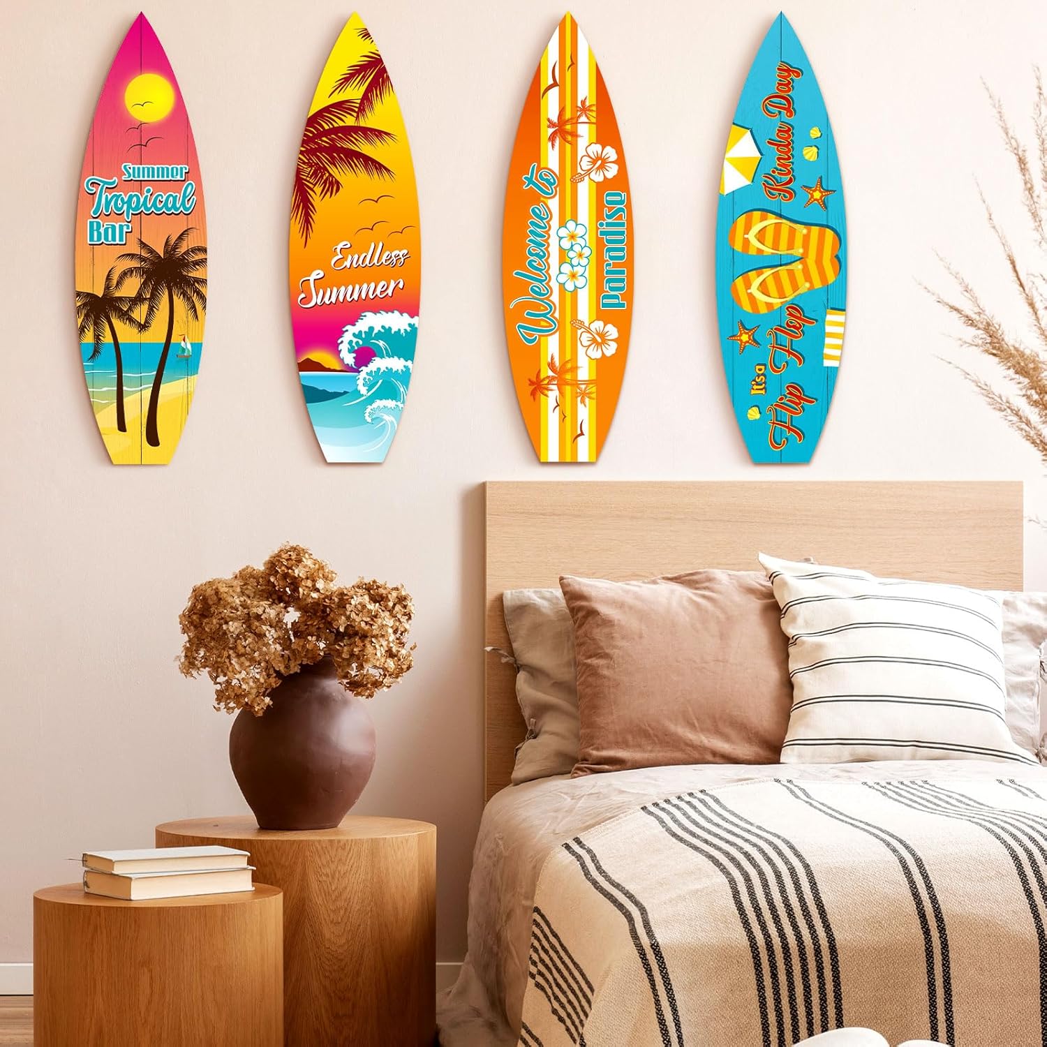 Blulu 4 Pcs Surfboard Wall Decor Surfboard Wall Hanging Sign Wooden Beach Decoration Summer Theme Decor Hawaiian Luau Party Decoration for Home Bar Aloha Tropical Birthday Party(Tiki) wourant