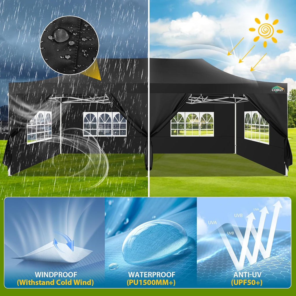 COBIZI 10x20 Heavy Duty Pop up Canopy Tent with 6 sidewalls Easy Up Commercial Outdoor Canopy Wedding Party Tents for Parties All Season Wind & Waterproof Gazebo with Roller Bag,Black(Frame Thickened) wourant