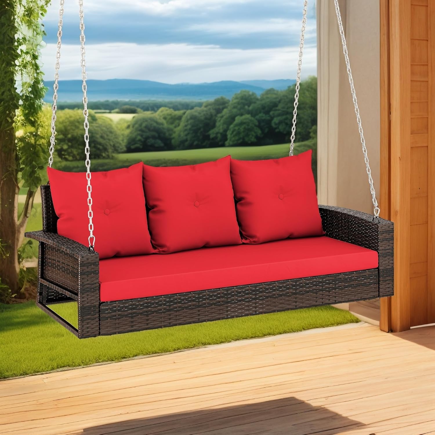 YITAHOME Hanging Porch Swing Chair Sits 3 People, Wicker Outdoor Swing Bench, Patio Lounge Chair, 1 Seating Cushion and 3 Back Cushions, w/Removable Covers, for Garden, Balcony, Backyard, Brown wourant