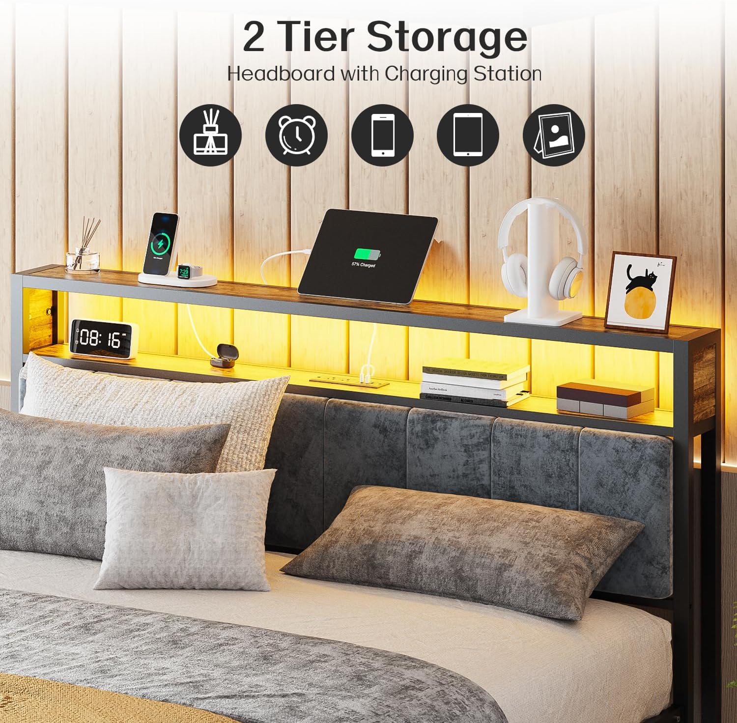 OLEVS Single Bed Frame LED Light Storage Headboard Charging Station Metal Platform Bed wourant