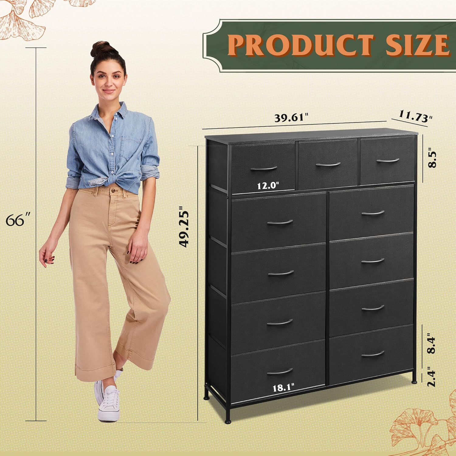Storage Organizer Unit with 11 Fabric Bins, Storage Drawers Organizer with Steel Frame, Tall Storage Tower Organizaton wourant
