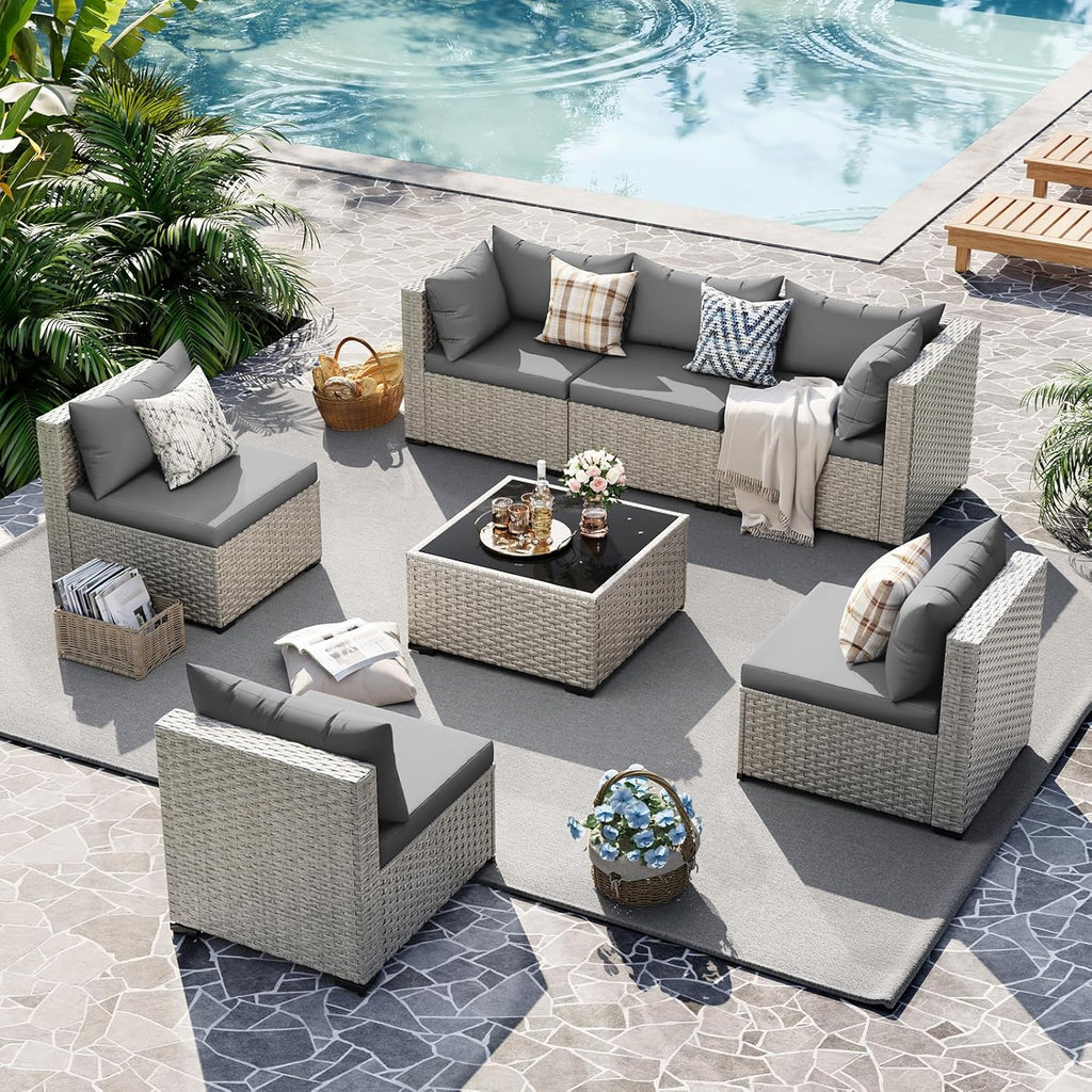 UDPATIO Outdoor Patio Furniture Set, 7-Piece PE Wicker Sectional Sofa with Tea Table, Outdoor Conversation Set wourant