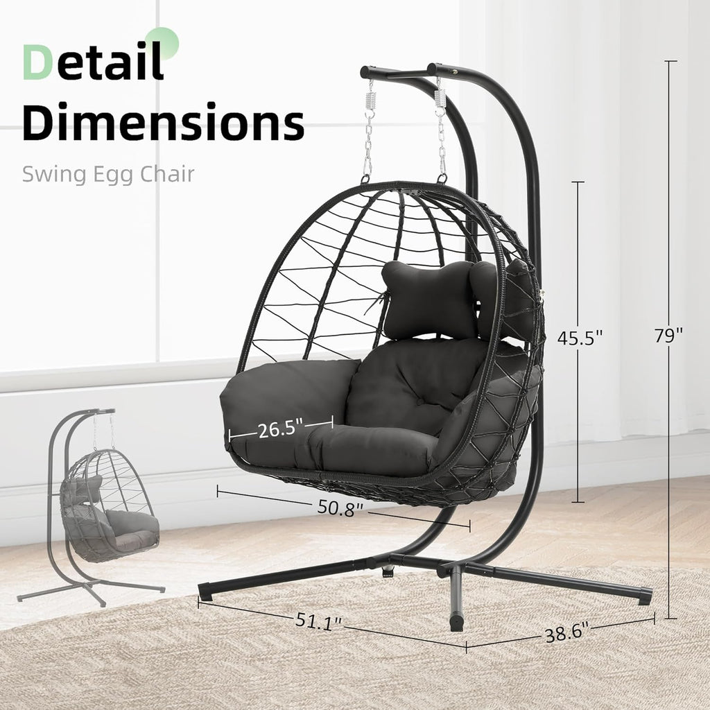 Double Egg Chair Hammock Swing Chair Foldable Hanging Loveseat UV Resistant Cushions wourant