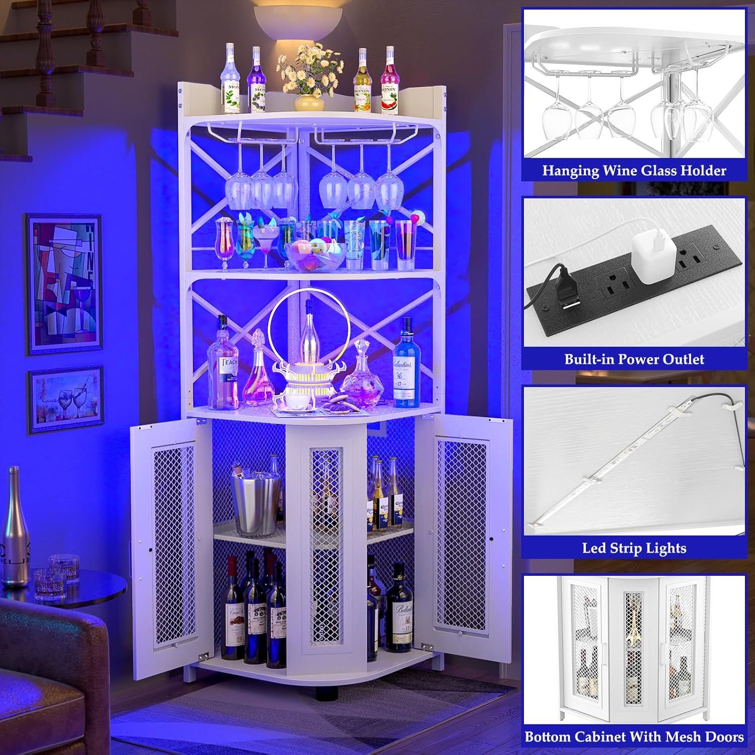 Aheaplus Corner Bar Cabinet with Power Outlet, Industrial Wine Cabinet with LED Strip and Glass Holder, 5-Tiers Liquor Cabinet Bar Unit for Home, Corner Display Cabinet for Small Space, White Oak wourant