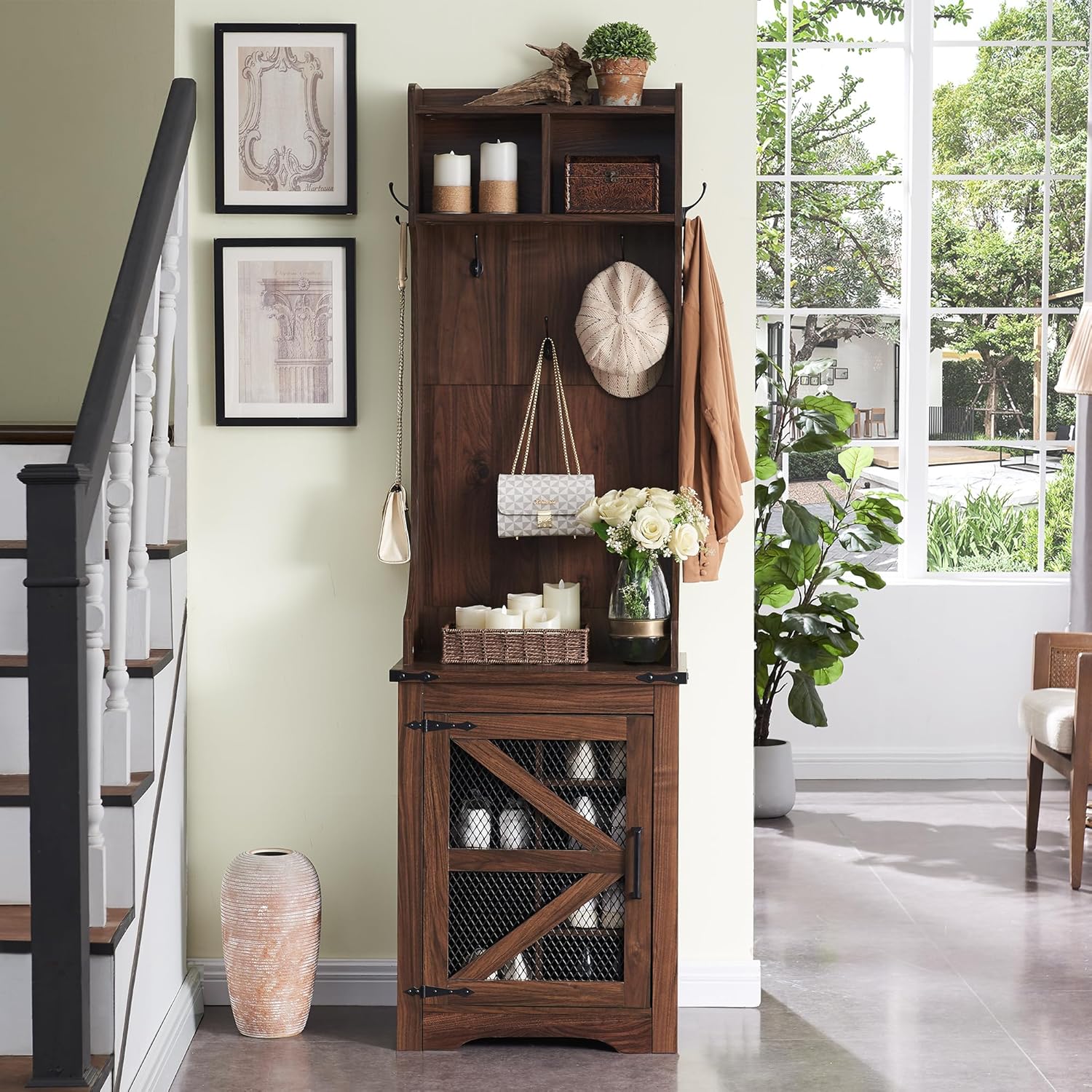 JXQTLINGMU 59-inch Farmhouse Foyer Tree with Shoe Storage, Entryway Bench Foyer Coat Rack Cabinet wourant