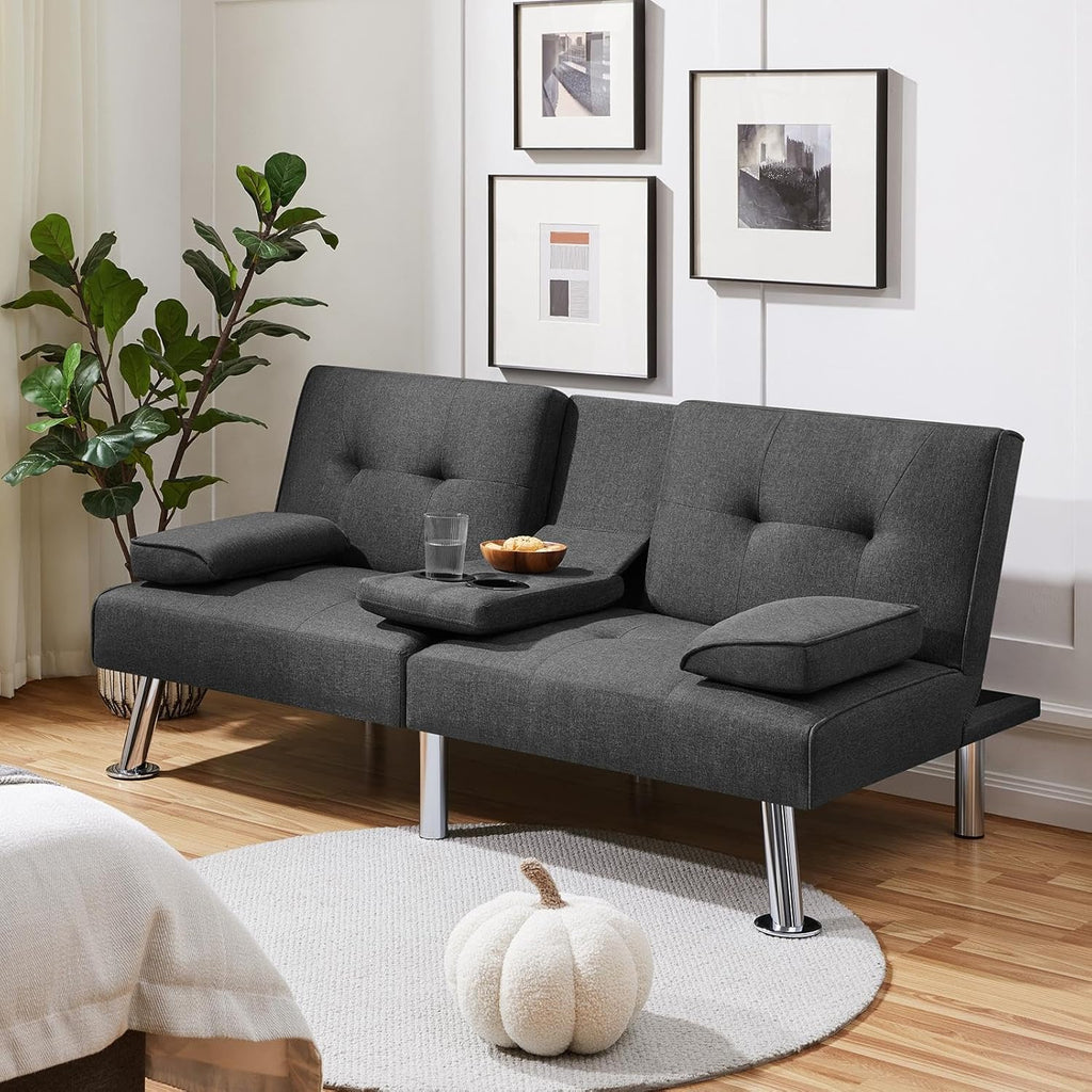 Yaheetech Convertible Sofa Bed Adjustable Couch Sleeper Modern Faux Leather Home Recliner Reversible Loveseat Folding Daybed Guest Bed, Removable Armrests, Cup Holders, 3 Angles, 772lb Capacity, Brown wourant