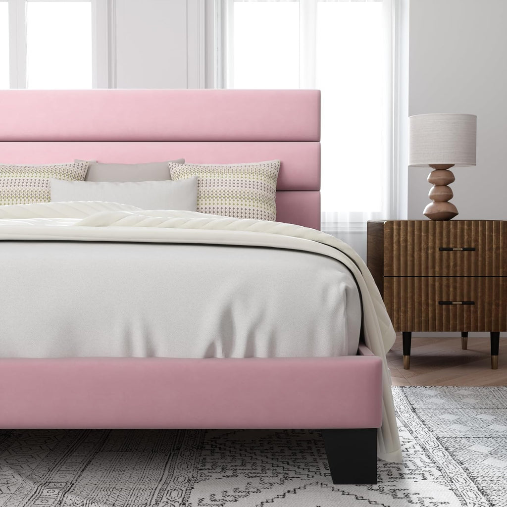 Allewie Queen Size Platform Bed Frame Fabric Upholstered Headboard Wooden Slats Support wourant