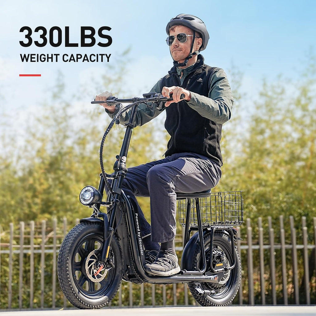 iScooter electric scooter with seat, 37/21 mile range, 28/19/15.6 mph top speed, dual suspension scooter with basket wourant