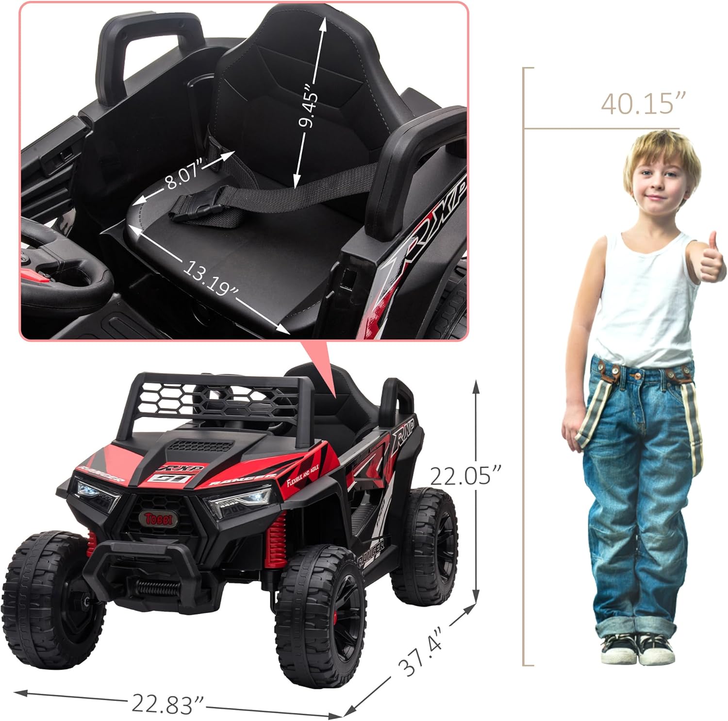 TOBBI 12V Kids Ride on Car, Electric Off-Road UTV Truck with Diverse Functions, Double Open Doors, Safety Belt, Horn, Music, and Lights for Kids Aged 3-5 Years (Rose Red) wourant