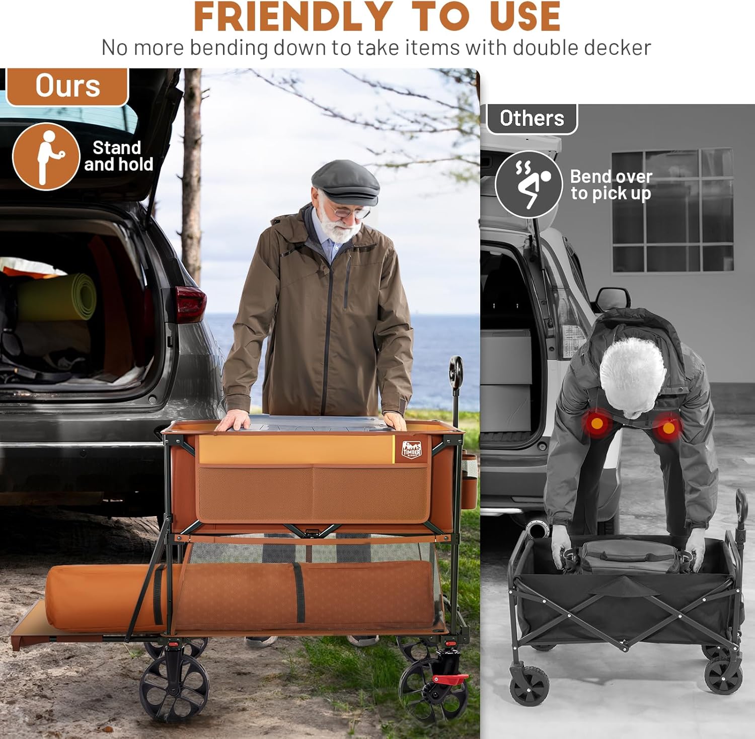 400L Large Capacity Folding Double Decker Cart with Brakes, 54 Inch Extra Long Extended Cart, 450 Pounds Heavy Duty Folding Cart wourant