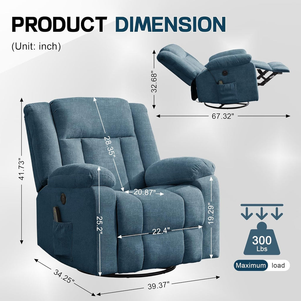 Rocker Recliner, Glider Recliner Chairs for Adults, 360° Swivel Rocking Chair with Massage and Heating, Nursery Chair with Storage and USB Charging for Living Room, Bedroom, Nursery wourant