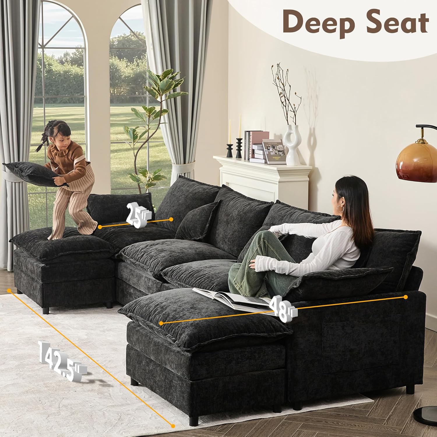 108 Inch U Shape Sofa Sectional Sofa Comfortable Cloud Sofa with Removable Footstool wourant