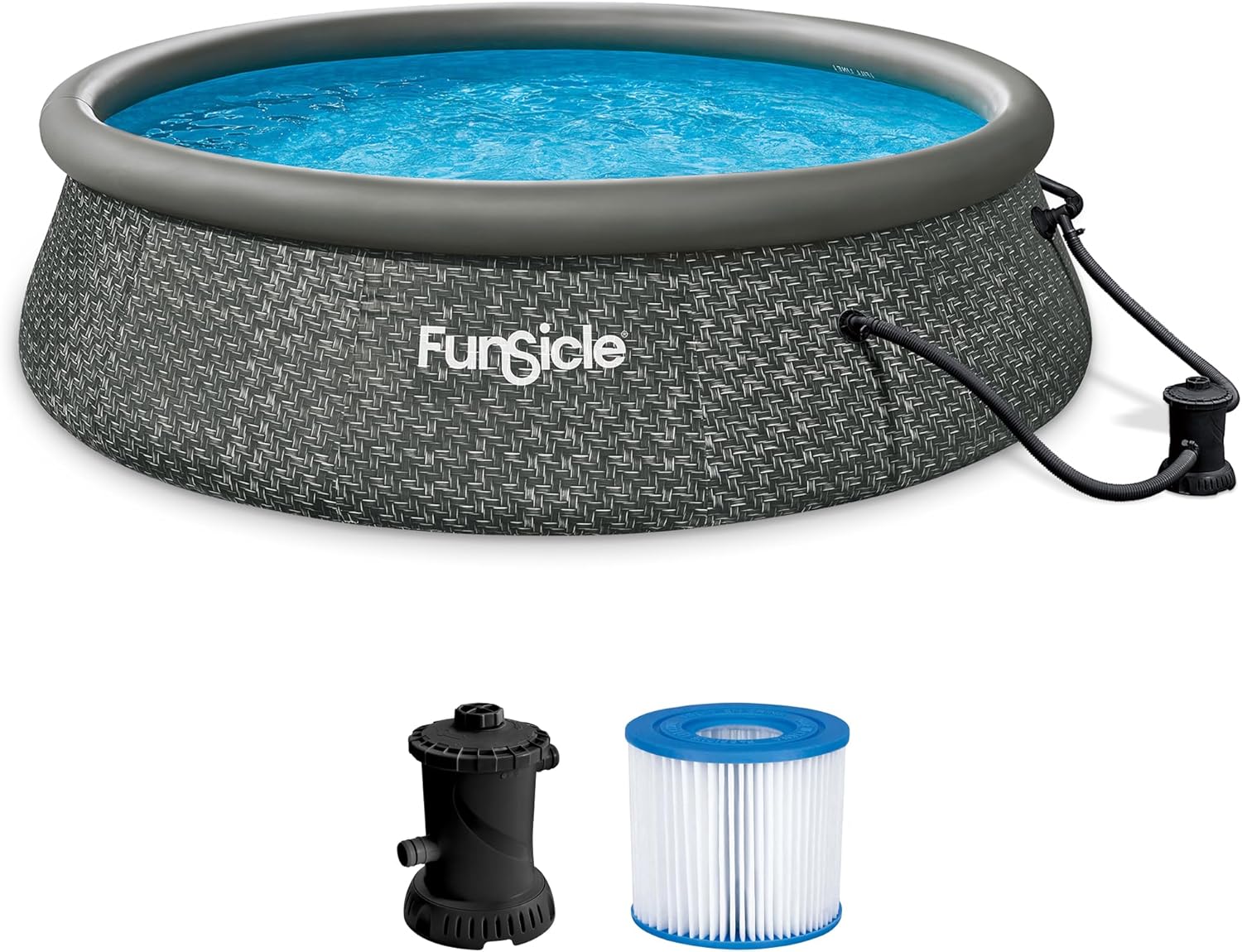 Funsicle 12 Foot by 36 Inch Quickset Round Inflatable Ring Top Outdoor Above Ground Swimming Pool Set with Pump and Cartridge Filter, Dark Herringbone wourant