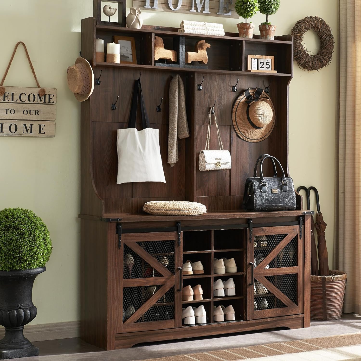 JXQTLINGMU 59-inch Farmhouse Foyer Tree with Shoe Storage, Entryway Bench Foyer Coat Rack Cabinet wourant