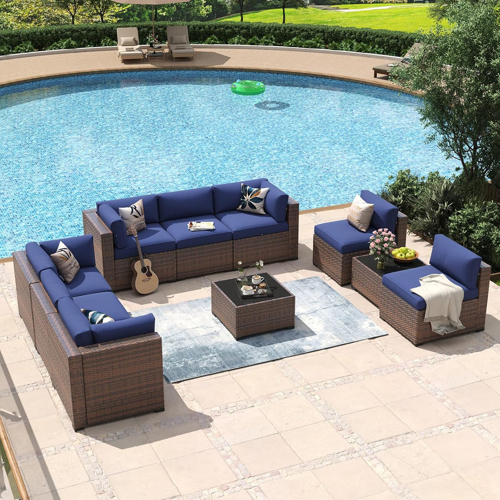 Aoxun 8 Piece Patio Furniture Set with 44?Fire Pit Table Wicker Rattan Outdoor Sectional Sofa Set with Coffee Table and Thickened Cushions, Beige (Waterproof Cover Included) woonhhop