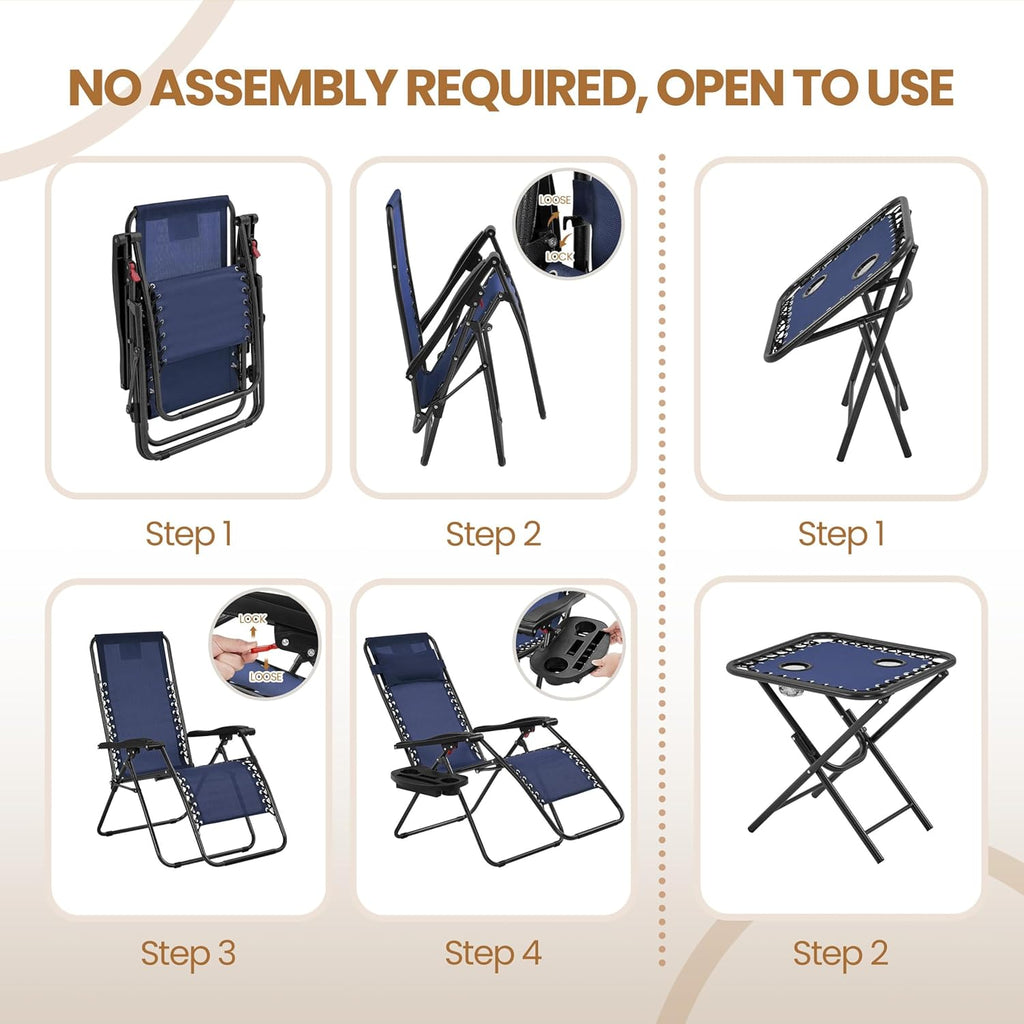 3PCS Zero Gravity Recliner Portable Outdoor Reclining Chair Set w/Side Table Folding Chaise Lounge Chairs wourant