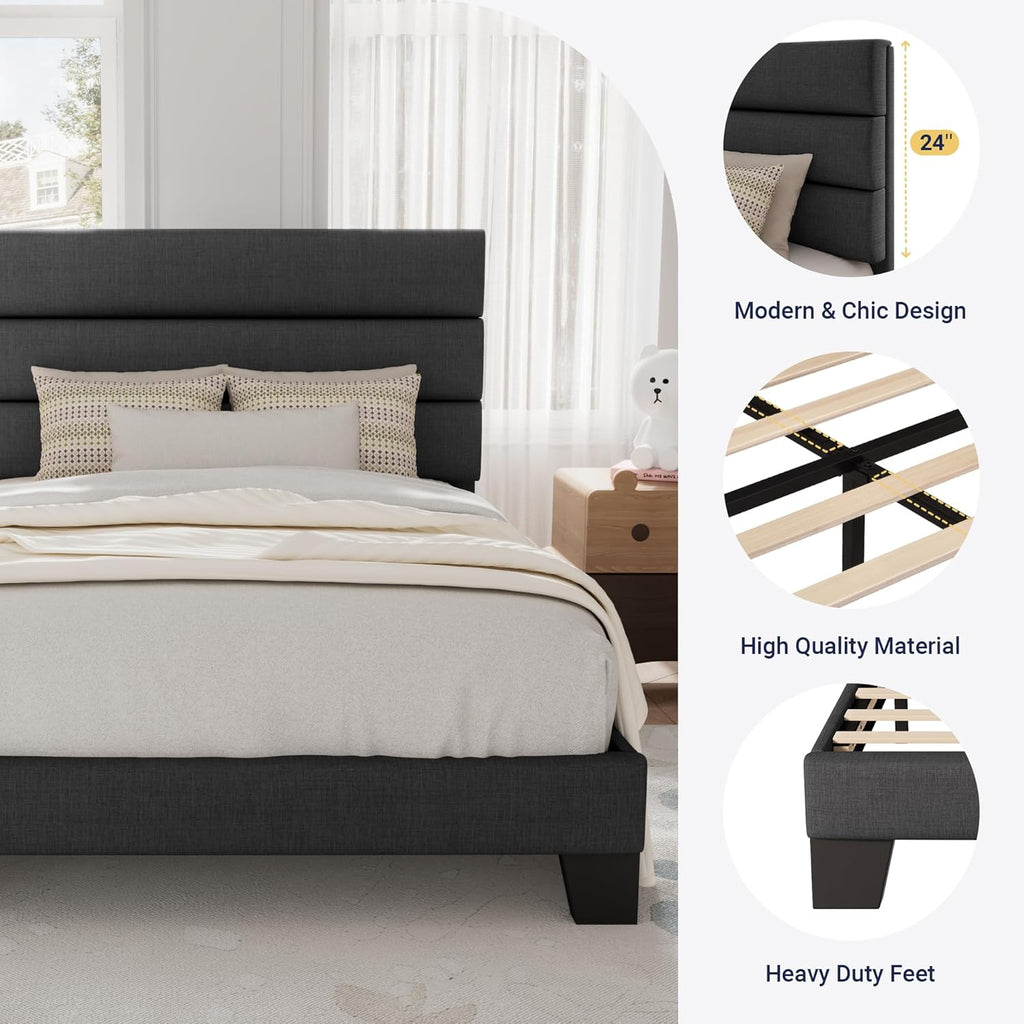 Allewie Queen Size Platform Bed Frame Fabric Upholstered Headboard Wooden Slats Support wourant